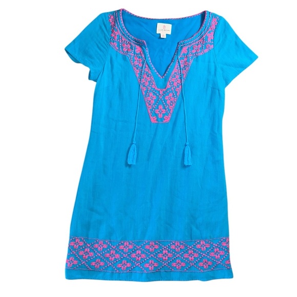 Julie Brown NYC Shift Dress Size 2 Blue Pink Embroidered Boho Summer Preppy - Picture 1 of 8